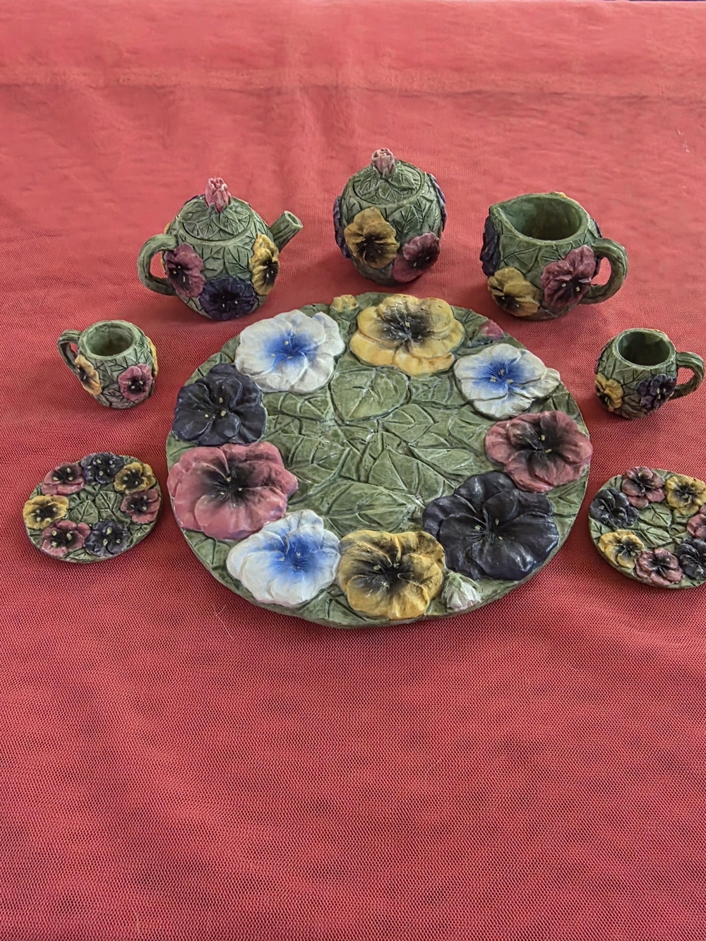 Handcrafted Green Floral Miniature Ceramic Tea Set with Multicolor Pansies
